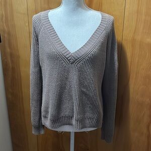 Guess Los Angeles Light Brown V-Neck Sweater With Braided Sleeves M